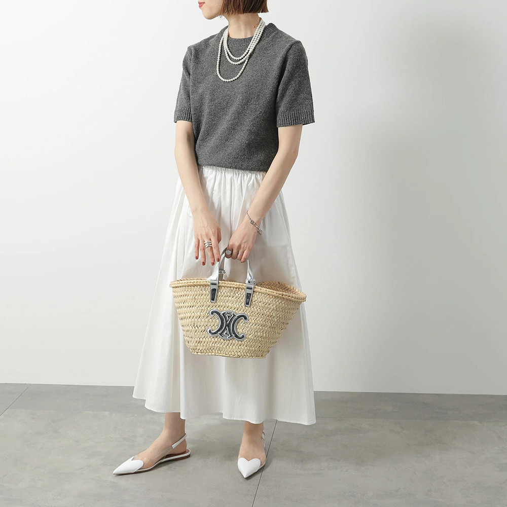 Celine Teen Triomphe Raffia x Leather Handbag Silver